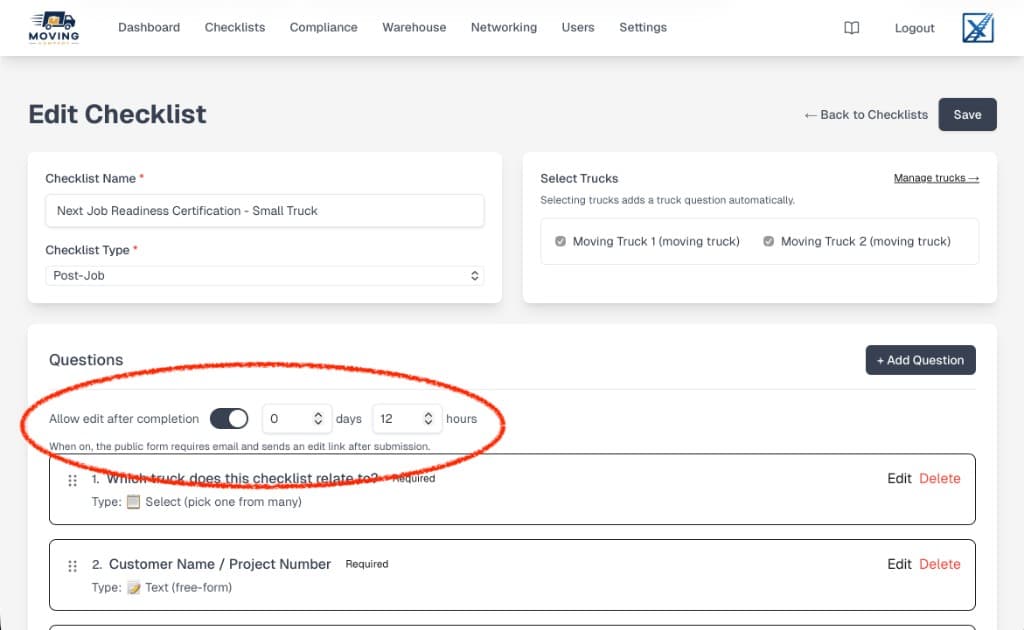 Edit after completion toggle on the checklist editor