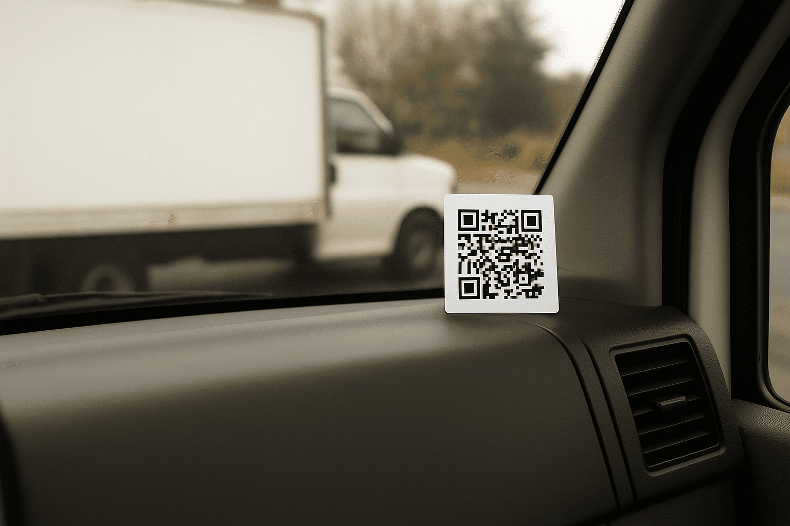 Truck interior with QR code on dashboard